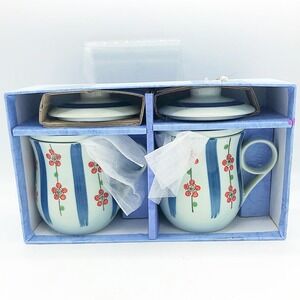 Arita Japanese Tea Mug Set Blue White Floral Stripe with Lids and Infusers
